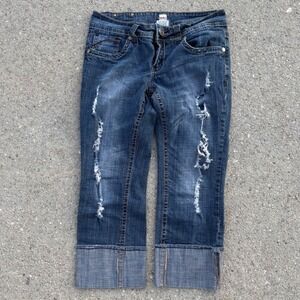 H2J Womens Distressed Dark Wash Cuffed Denim Capri Jeans Size 11/12 Y2K McBling